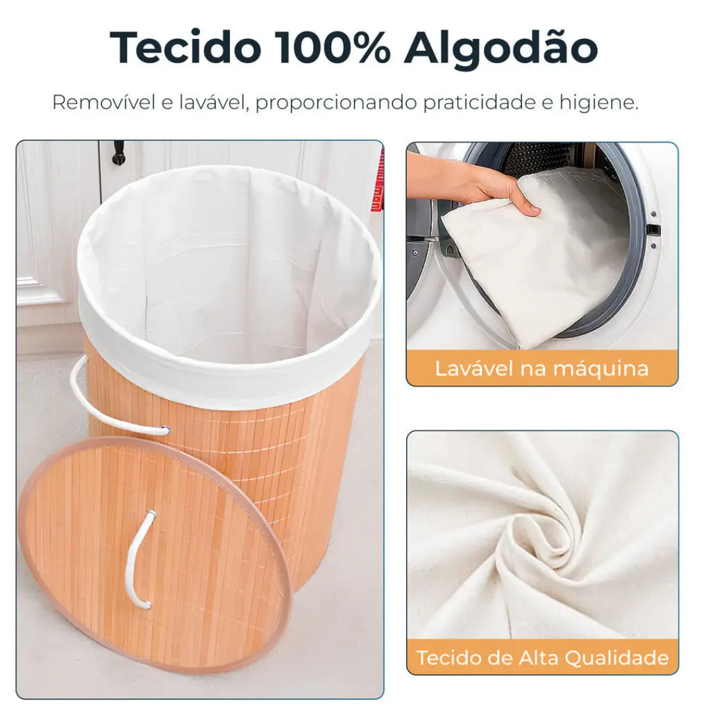 Cesto de Roupas de Bambu com Forro em Tecido