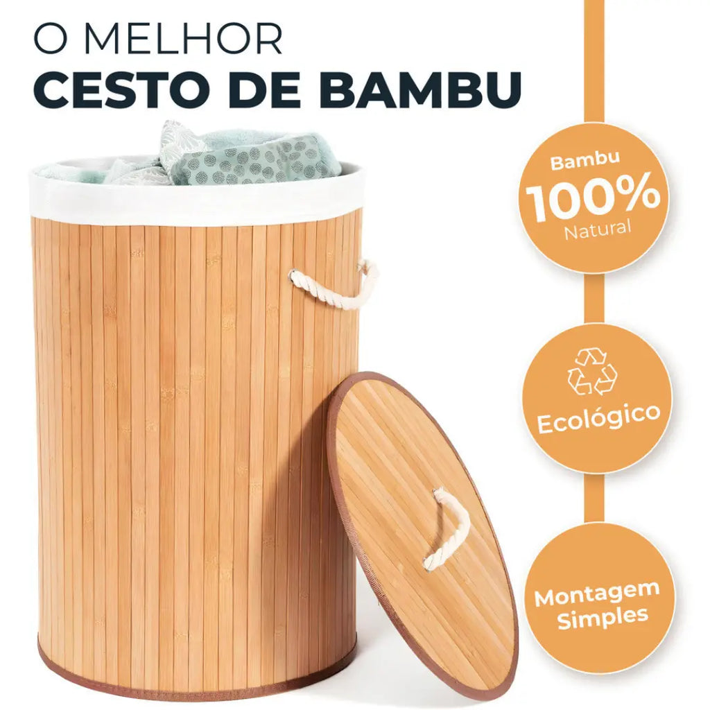 Cesto de Roupas de Bambu com Forro em Tecido