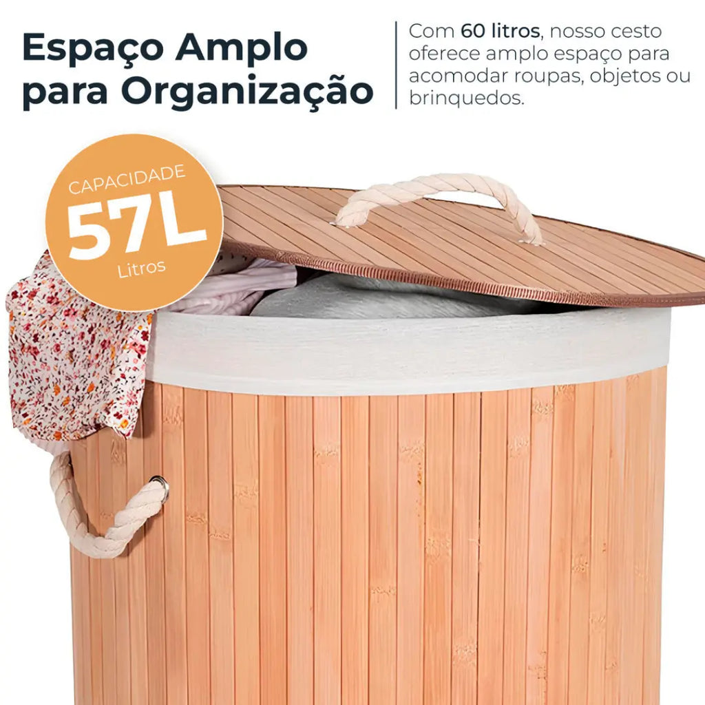 Cesto de Roupas de Bambu com Forro em Tecido