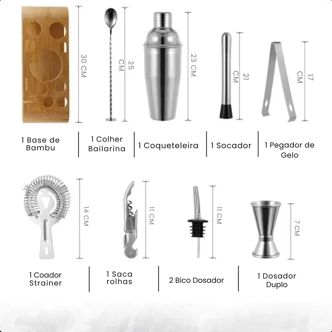 Kit Barman Coqueteleira Profissional Inox 10 Peças
