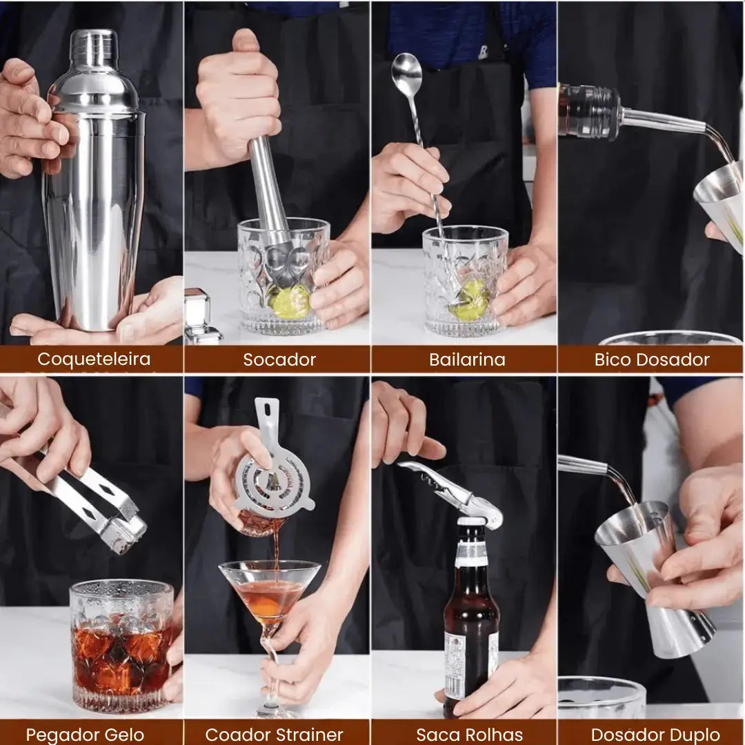 Kit Barman Coqueteleira Profissional Inox 10 Peças