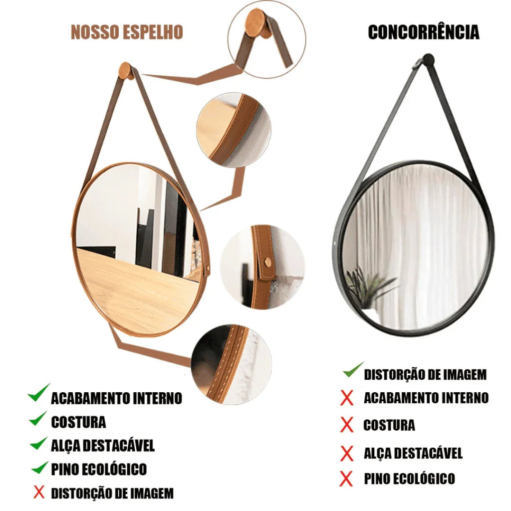 Espelho Redondo Adnet Couro Com Alça + Suporte 60cm