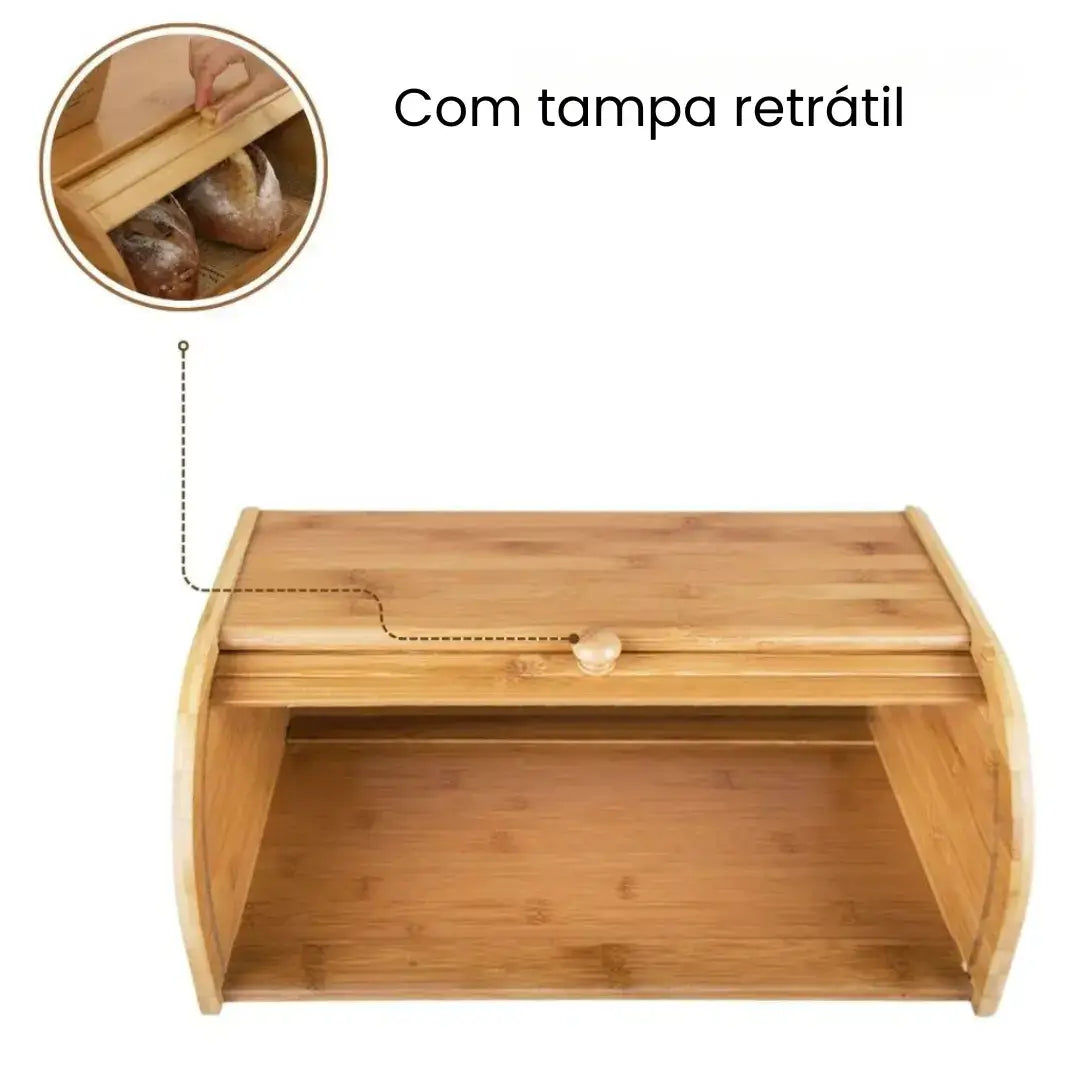 Porta Pão em Bambu Com Tampa Retrátil
